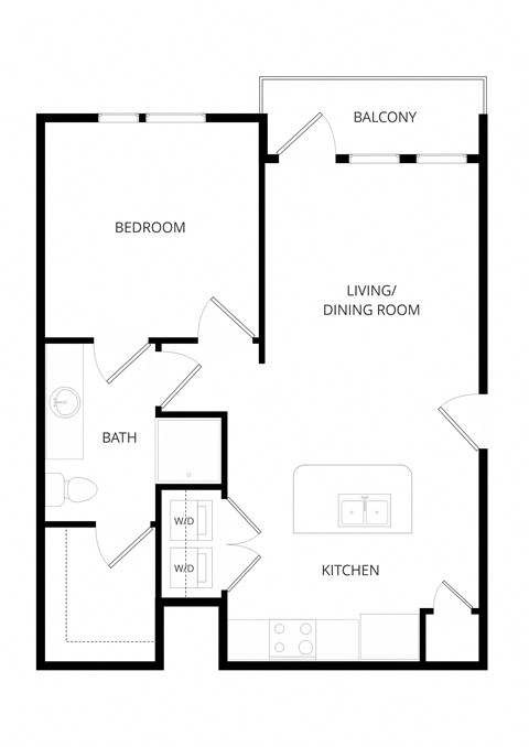 Floor plan for 1 bed, 1 bath, 660 sqft